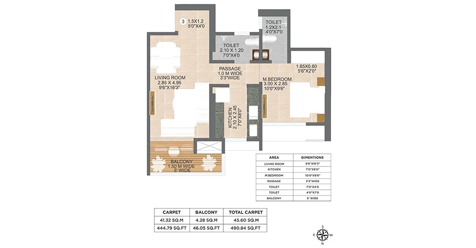 Nivasa Green City 1 BHK Large floor plan, 491 sq ft carpet, Nandivali